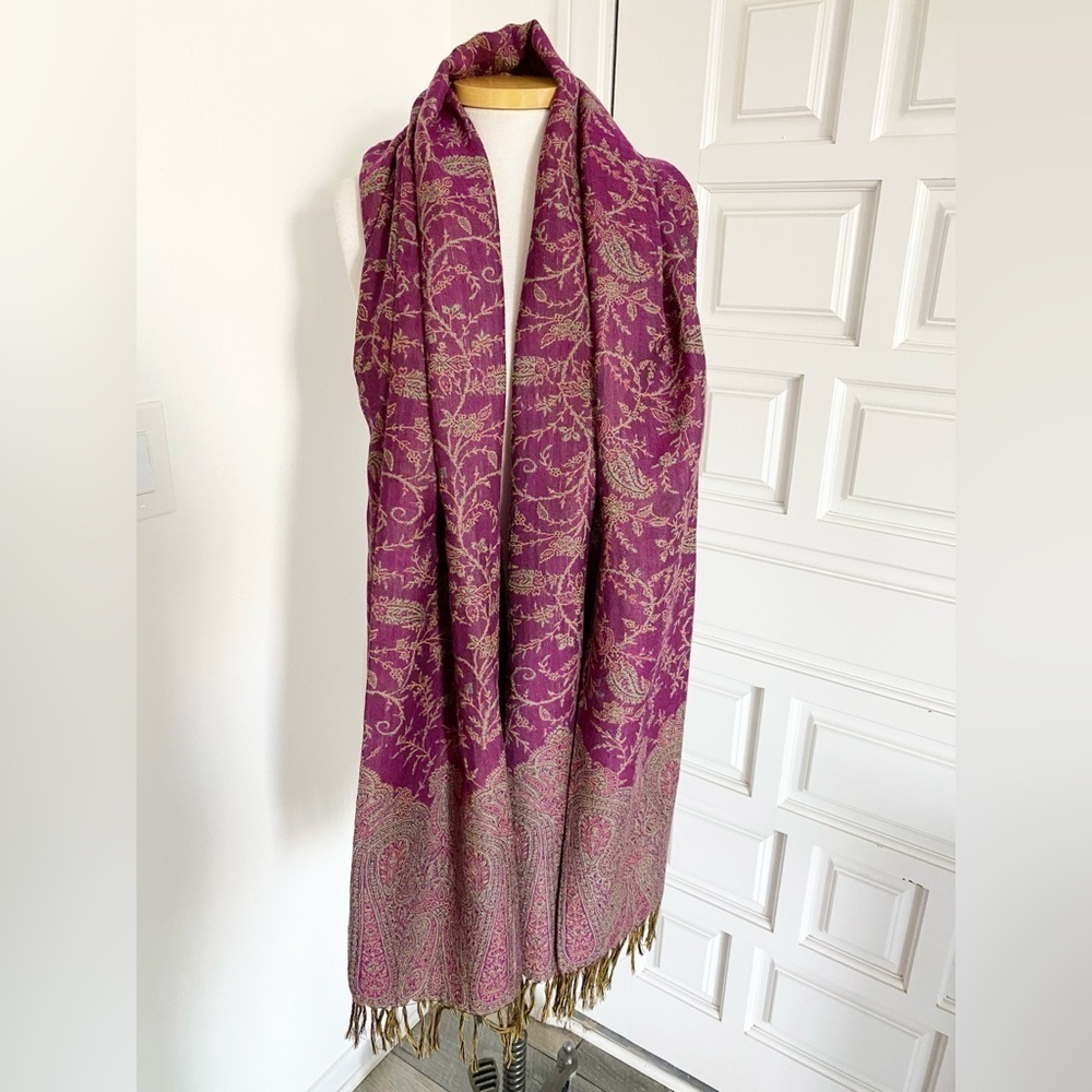 Fuchsia Pink & Green Scarf Wrap Shawl Paisley Floral Design with Fringe